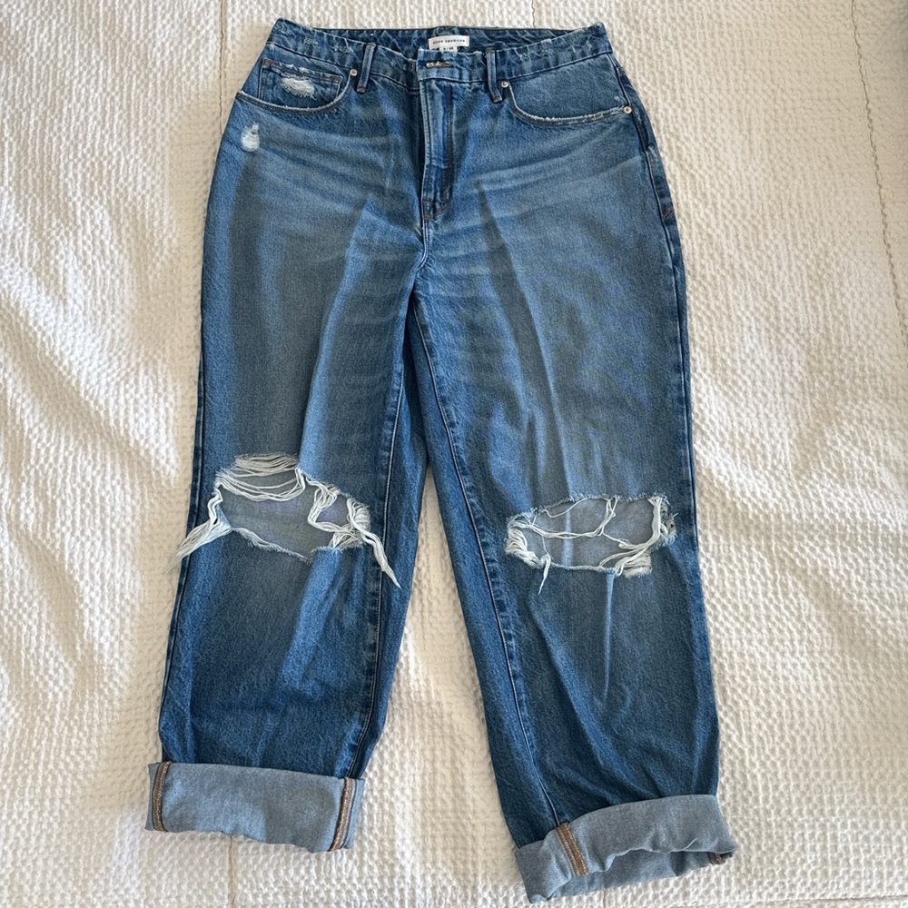 Good American Blue Ripped Boyfriend Jeans